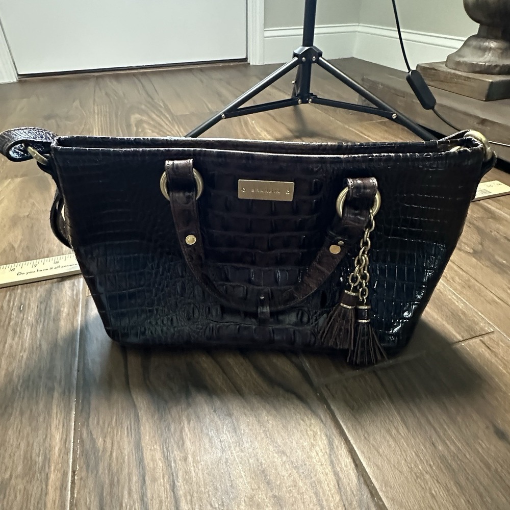 Brahmin Croc Embossed Leather Handbag‎ Dark Brown Shoulder Bag Tassel Charm